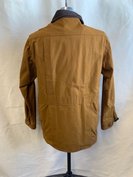 Mens, Barn/Field Jacket, ORVIS, Camel Brown, Cotton, Polyester, Solid, M, Dk.Brown Corduroy Collar, Zip Front & Button Front Placket, 4 Pockets, Stitched Zig Zag Pattern on Yoke
