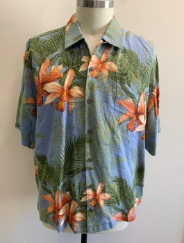 TOMMY BAHAMA, Cornflower Blue, Avocado Green, Coral Orange, Linen, Tropical , Hawaiian Print, Tropical Flowers and Leaves, Short Sleeve Button Front, Collar Attached, 1 Patch Pocket