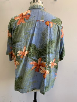 TOMMY BAHAMA, Cornflower Blue, Avocado Green, Coral Orange, Linen, Tropical , Hawaiian Print, Tropical Flowers and Leaves, Short Sleeve Button Front, Collar Attached, 1 Patch Pocket