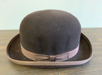 Mens, Bowler/Derby , GOLDEN GATE HAT CO., Dk Brown, Wool, Solid, 7 3/8, Felt, Grosgrain Band, Curved Brim, Early 20th Century Reproduction
