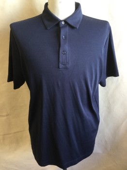 SAKS FITH AVENUE, Navy Blue, Cotton, Solid, Collar Attached, 3 Button Front, Short Sleeves, Side Split Hem