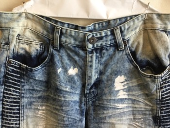 M. SOCIETY, Blue, Cotton, Mottled, Blue Denim Jean, Stone Washed, Wrinkle Creased Lines/horizontal Pleat, Repair Holes Panels and White Splashed Paint Front and Back