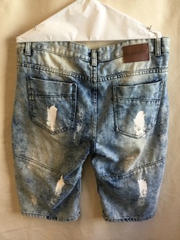 M. SOCIETY, Blue, Cotton, Mottled, Blue Denim Jean, Stone Washed, Wrinkle Creased Lines/horizontal Pleat, Repair Holes Panels and White Splashed Paint Front and Back