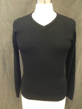 M&S, Black, Acrylic, Solid, V-neck, Long Sleeves, V-neck, Ribbed Knit Neck/Waistband/Cuff