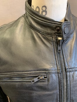 DANIER, Black, Leather, Solid, Zip Front, Stand Collar, 4 Zip Pockets, Reinforced Elbows, Zippers at Cuffs, Multiples