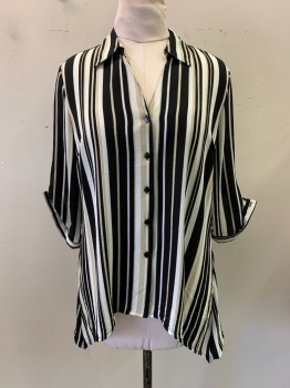 Womens, Blouse, UNIQUE SPECTRUM, Black, White, Tan Brown, Polyester, Stripes - Vertical , M, Button Front, 5 Buttons, 3/4 Sleeves, Button Cuffs, Button Sleeve Adjusters, V-neck, Curved Hem