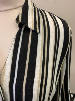 Womens, Blouse, UNIQUE SPECTRUM, Black, White, Tan Brown, Polyester, Stripes - Vertical , M, Button Front, 5 Buttons, 3/4 Sleeves, Button Cuffs, Button Sleeve Adjusters, V-neck, Curved Hem