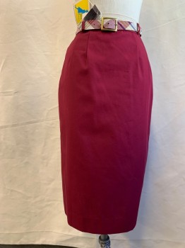 MATE MATCH, Maroon Red, Synthetic, Cotton, Solid, Pencil Skirt, 1" Waistband, Side Zip, Darted Waist, Hem Below Knee, White/Maroon/Ocher/Black Plaid Belt with Gold Buckle, Belt Loops,