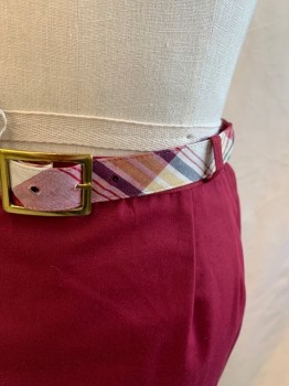 Womens, Skirt, MATE MATCH, Maroon Red, Synthetic, Cotton, Solid, H 34, W 24, Pencil Skirt, 1" Waistband, Side Zip, Darted Waist, Hem Below Knee, White/Maroon/Ocher/Black Plaid Belt with Gold Buckle, Belt Loops,