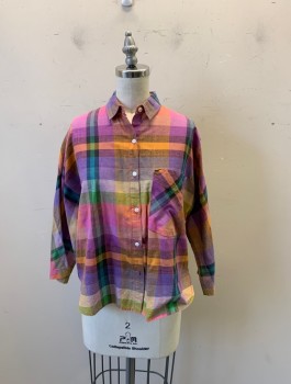 Womens, Shirt, Contempo Casuals, Multi-color, Plum Purple, Orange, Turquoise Blue, Peachy Pink, Cotton, Plaid, S, Collar Attached, Short Sleeves, Button Front, 6 Buttons