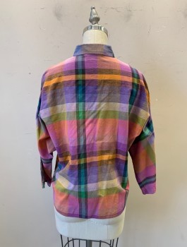 Womens, Shirt, Contempo Casuals, Multi-color, Plum Purple, Orange, Turquoise Blue, Peachy Pink, Cotton, Plaid, S, Collar Attached, Short Sleeves, Button Front, 6 Buttons