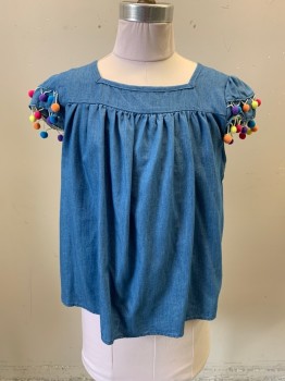 Childrens, Blouse, MISSY MAJESTY, French Blue, Cotton, 13/14, Pullover, Square Neckline, Cap Sleeve, Ruffle Sleeves, Multi Color Pom-Poms on Sleeves, Key Hole Back