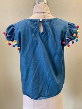 Childrens, Blouse, MISSY MAJESTY, French Blue, Cotton, 13/14, Pullover, Square Neckline, Cap Sleeve, Ruffle Sleeves, Multi Color Pom-Poms on Sleeves, Key Hole Back