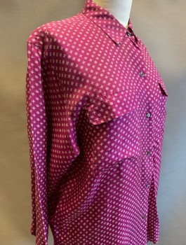 REBECCA SHELDON, Purple, Cream, Silk, Geometric, Tiny Squares/Diamonds Pattern, Satin, Long Sleeves, Button Front, Collar Attached, 2 Pockets with Flaps