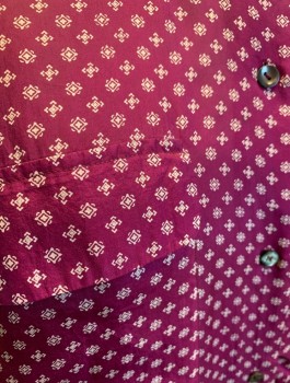 REBECCA SHELDON, Purple, Cream, Silk, Geometric, Tiny Squares/Diamonds Pattern, Satin, Long Sleeves, Button Front, Collar Attached, 2 Pockets with Flaps