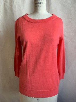 J. CREW, Coral Pink, Wool, Solid, Ribbed Knit Scoop Neck, 3/4 Sleeve, Ribbed Knit Cuff/Waistband
