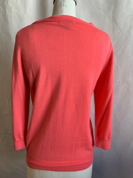 J. CREW, Coral Pink, Wool, Solid, Ribbed Knit Scoop Neck, 3/4 Sleeve, Ribbed Knit Cuff/Waistband