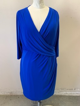 Womens, Dress, Long & 3/4 Sleeve, RALPH LAUREN, Royal Blue, Polyester, Elastane, Solid, 22W, Stretchy Material, 3/4 Sleeves, Surplice V-neck, Ruched at Side Waist, Knee Length
