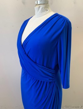 RALPH LAUREN, Royal Blue, Polyester, Elastane, Solid, Stretchy Material, 3/4 Sleeves, Surplice V-neck, Ruched at Side Waist, Knee Length
