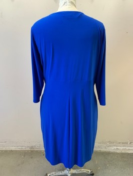 RALPH LAUREN, Royal Blue, Polyester, Elastane, Solid, Stretchy Material, 3/4 Sleeves, Surplice V-neck, Ruched at Side Waist, Knee Length