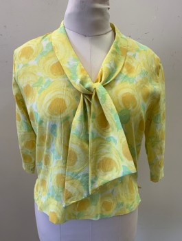 Womens, Top, N/L, Yellow, Lt Gray, White, Silk, Floral, B:38, Crepe, 3/4 Sleeves, Shawl Collar with Self Ties, Pullover