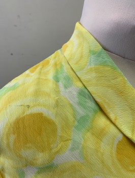 N/L, Yellow, Lt Gray, White, Silk, Floral, Crepe, 3/4 Sleeves, Shawl Collar with Self Ties, Pullover
