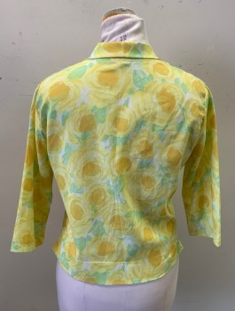 N/L, Yellow, Lt Gray, White, Silk, Floral, Crepe, 3/4 Sleeves, Shawl Collar with Self Ties, Pullover