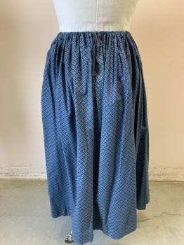 Womens, Skirt 1890s-1910s, MTO, Blue, Dusty Blue, Cotton, Calico , W30-38, Pointed Ovals with Trio of Dots Pattern, Adjustable Drawstring Waist, Pleated at Hem for More Length, Made To Order