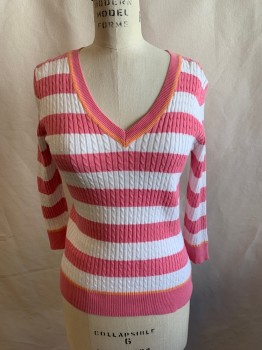 JEANNIE PIERRE, Pink, White, Coral Orange, Cotton, Stripes, Cable Knit, Ribbed Knit V-neck/Cuff, 3/4 Sleeve