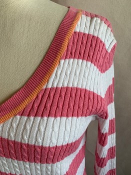 JEANNIE PIERRE, Pink, White, Coral Orange, Cotton, Stripes, Cable Knit, Ribbed Knit V-neck/Cuff, 3/4 Sleeve