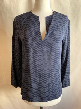 VINCE CAMUTO, Navy Blue, Gray, Silk, Grid , Dotted Grid Withe Circle Centers, V-neck, Long Sleeves