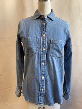 J. CREW, Denim Blue, Cotton, Solid, Button Front, Collar Attached, 2 Patch Pockets, Long Sleeves, Button Cuff