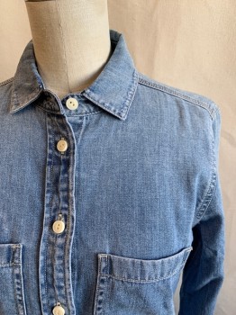 J. CREW, Denim Blue, Cotton, Solid, Button Front, Collar Attached, 2 Patch Pockets, Long Sleeves, Button Cuff
