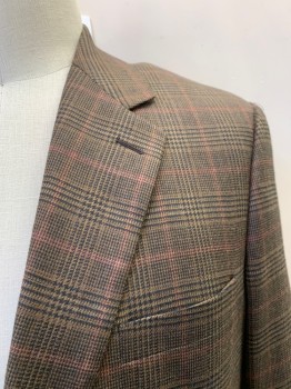 BROOKS BROTHERS, Brown, Sienna Brown, Black, Olive Green, Wool, Glen Plaid, Notched Lapel, Single Breasted, Button Front, 2 Buttons, 3 Pockets