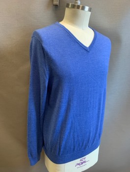 J.CREW, Cornflower Blue, Wool, Solid, Knit, V-neck, Long Sleeves