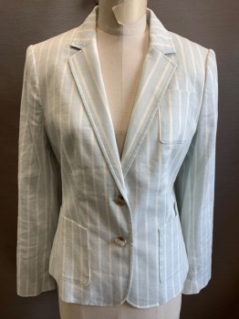 Womens, Blazer, BANANA REPUBLIC, Ice Blue, White, Linen, Cotton, Stripes - Vertical , 8, Single Breasted, 2 Buttons,  3 Patch Pockets, Notched Lapel with Top Stitching