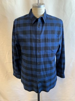 VINCE, Black, Midnight Blue, White, Cotton, Plaid, Herringbone, Long Sleeves, 7 Black Buttons, Pleated Back, Chest Pocket, Cuff Sleeves with 2 Black Buttons,