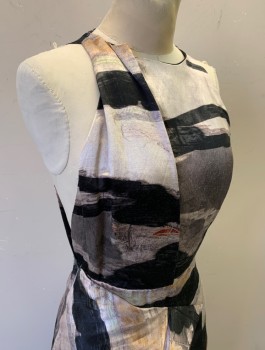 H&M CONSCIOUS, Taupe, Black, Putty/Khaki Gray, Caramel Brown, Rayon, Abstract , Satin-y Material That Has Pilled, Round Neck, Low Armholes, Wrapped Sculptural Detail at Hips, Knee Length, Invisible Zipper in Back