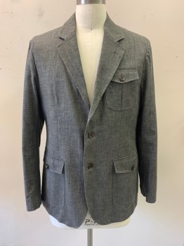Mens, Sportcoat/Blazer, NL, Dk Gray, Linen, Rayon, Heathered, 40R, Notched Lapel, Single Breasted, Button Front, 2 Buttons, 3 Pockets