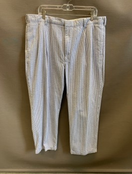 JOS A BANK, Blue, White, Cotton, Stripes - Vertical , Side Pockets, Zip Front, Pleated Front, 2 Welt Pockets