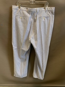 JOS A BANK, Blue, White, Cotton, Stripes - Vertical , Side Pockets, Zip Front, Pleated Front, 2 Welt Pockets