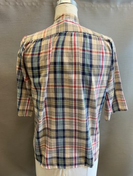 CONTEMPO CASUALS, Beige, Navy Blue, Red, White, Cotton, Plaid, 3/4 Sleeves, Button Front, Band Collar,  Gathered at Shoulder Seam