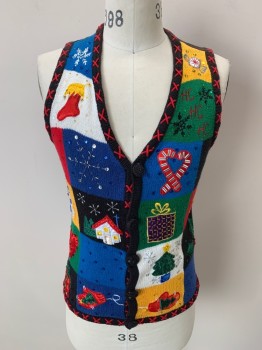 Mens, Sweater Vest, BASIC EDITIONS, Brown, Yellow, Green, Blue, Purple, Poly/Cotton, Ramie, Color Blocking, Novelty Pattern, S, Ugly Christmas Vest, V-N, Single Breasted, B.F., Asst Christmas Theme Embroidery, Sequins, Beading
