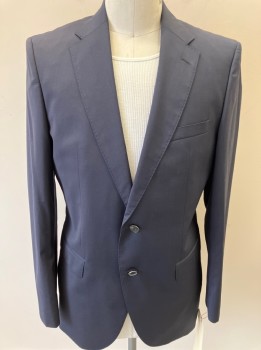 HUGO BOSS, Navy Blue, Wool, Solid, 2 Flap Pkts, Notched Lapel, Dbl. Vented Back