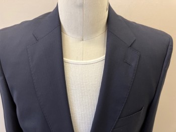 HUGO BOSS, Navy Blue, Wool, Solid, 2 Flap Pkts, Notched Lapel, Dbl. Vented Back