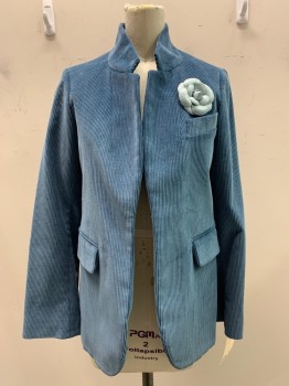 ZADIG & VOLTAIRE, Dusty Blue, Cotton, Solid, Widewale Corduroy, Single Breasted, No Buttons, Notched Lapel, 3 Pockets, Textured Light Blue Leather Rosette Broach, 5 Button Split Cuff