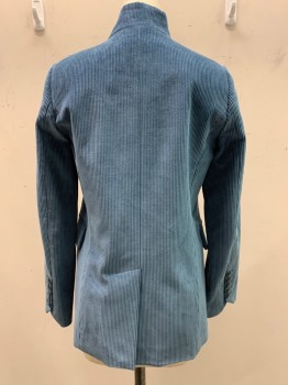 ZADIG & VOLTAIRE, Dusty Blue, Cotton, Solid, Widewale Corduroy, Single Breasted, No Buttons, Notched Lapel, 3 Pockets, Textured Light Blue Leather Rosette Broach, 5 Button Split Cuff