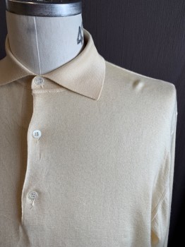 SULKA, Cream, Cashmere, Silk, Solid, Polo, Ribbed Knit Collar Attached, Long Sleeves, Ribbed Knit Waistband/Cuff