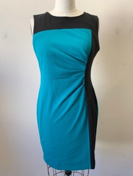 CALVIN KLEIN, Turquoise Blue, Black, Poly/Cotton, Color Blocking, Jersey, Alternating Geometric Panels of Turquoise/Black, Round Neck,  Ruched Detail at Side Wast, Fitted, Knee Length, Invisible Zipper in Back