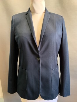 T. TAHARI, Midnight Blue, Polyester, Viscose, Solid, Single Breasted, 1 Button, Narrow Notched Lapel, 2 Patch Pocket,